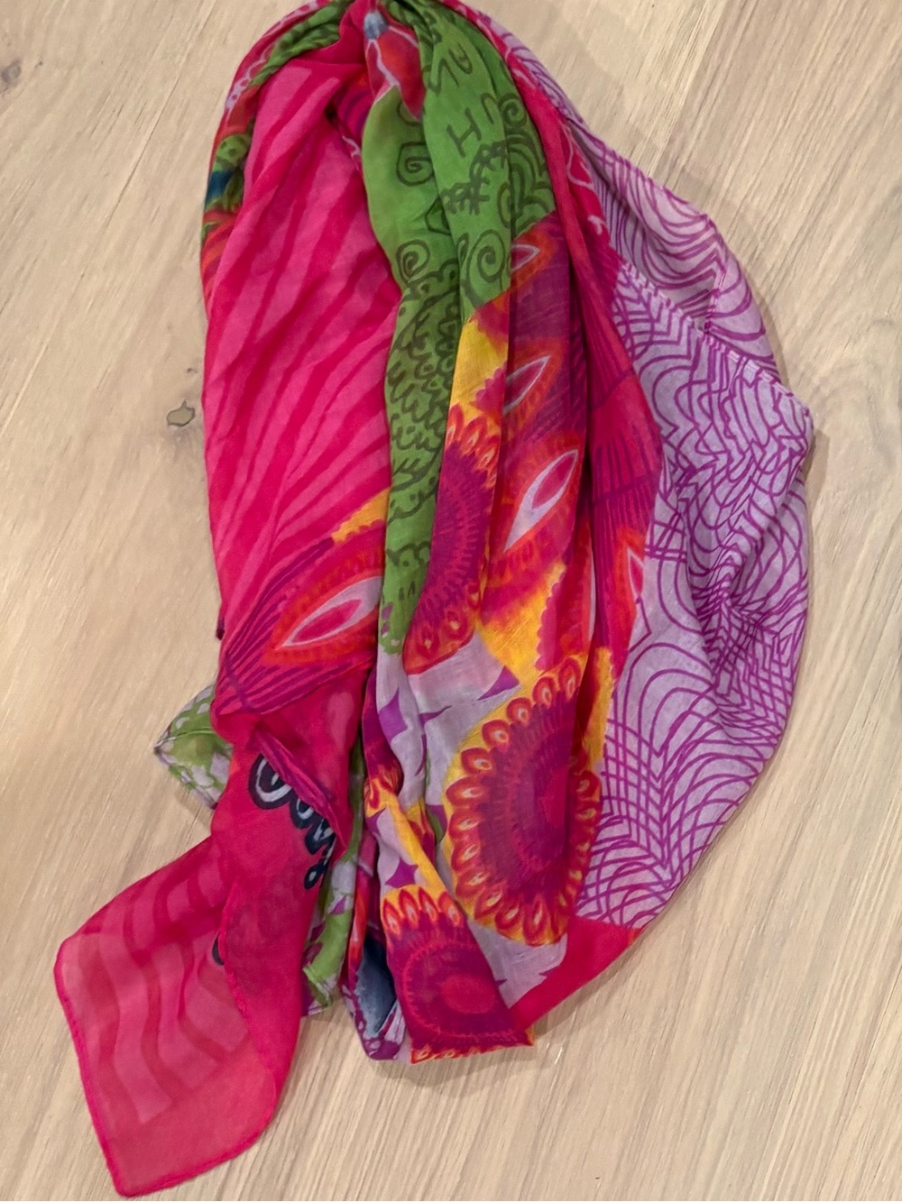 Desigual Vibrant Floral Geometric Scarf Wrap / Pink Green Orange